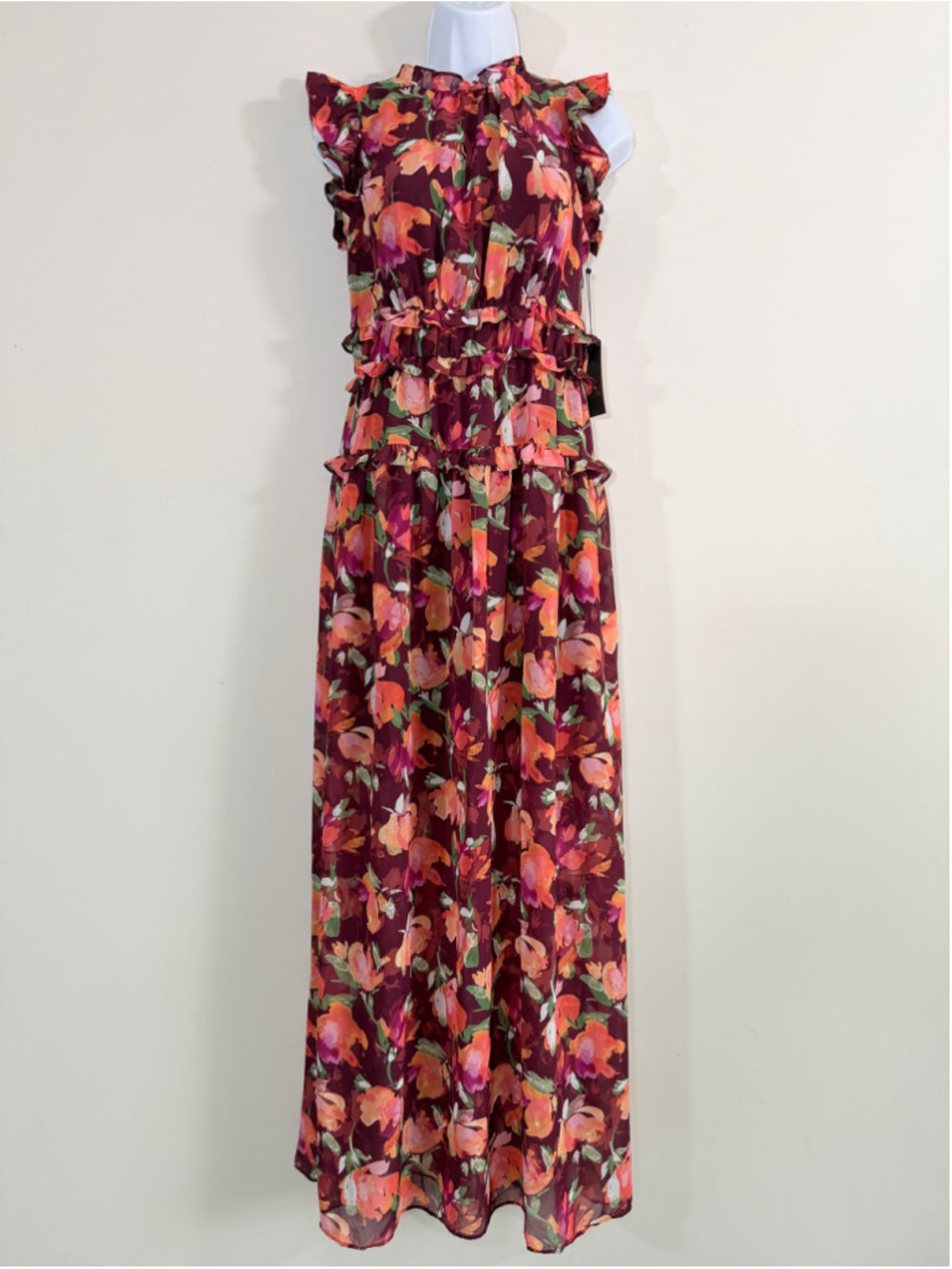 Vince Camuto Women's Burgundy Floral Ruffle Chiffon Maxi Dress NWT