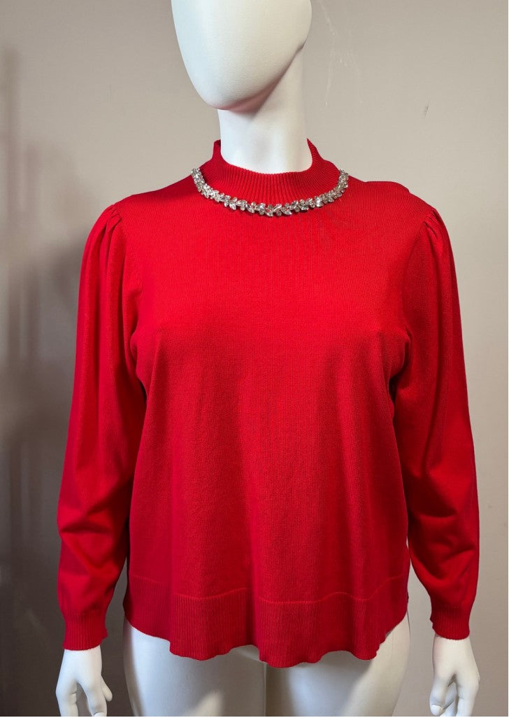 Belldini Plus Size 3X Red w/ Crystal Embellished Mock Neck Sweater NWT
