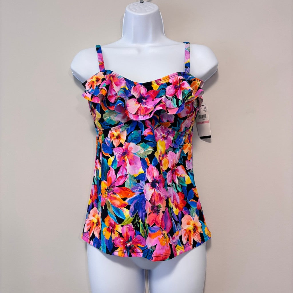 Island Escape Women's 10 Multicolor Tahiti Floral-Print Ruffled Tankini Top NWT