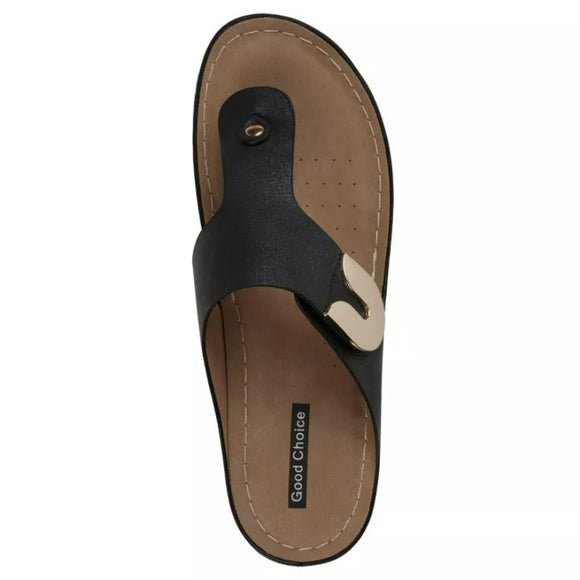 GC Shoes Women's 8.5 Black and Gold Thong / Flip-Flop Flat Sandals NIB