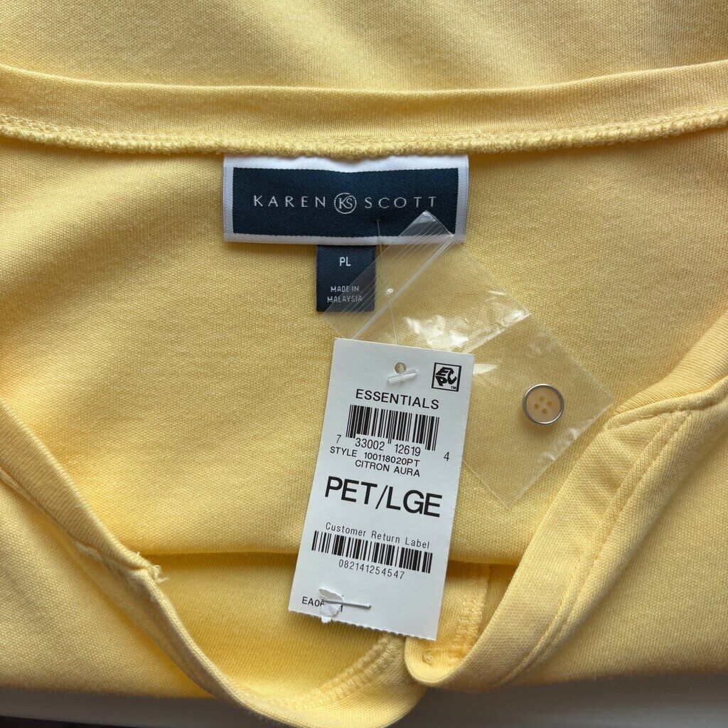 Karen Scott Women's Large Petite 100% Cotton Yellow 3/4-Sleeve Henley Shirt NWT