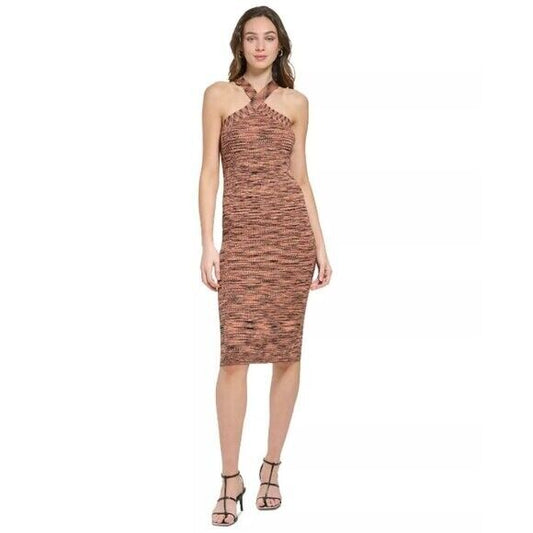 DKNY Women's Crossover-Neck Space-Dyed Bodycon Orange & Black Sweater Dress NWT