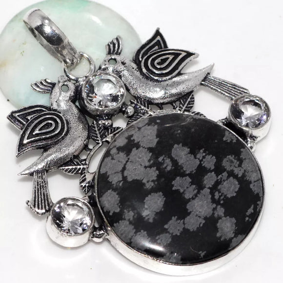 Snowflake Obsidian Crystal Necklace 925 Silver Plated Pendant Size 2" NWT