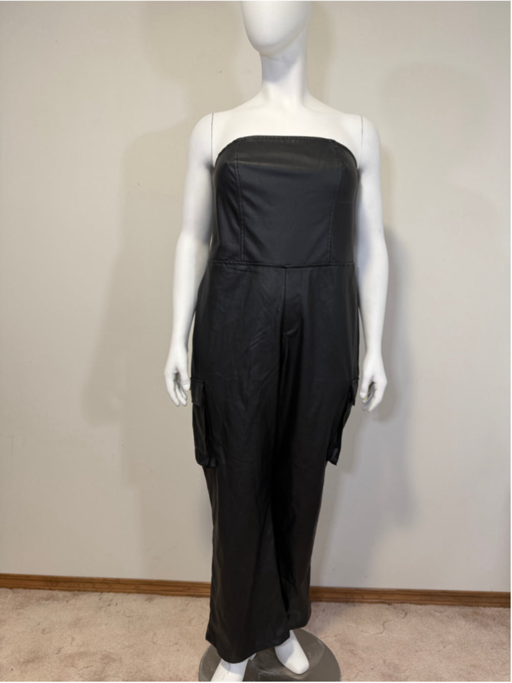 Bar III Women's Plus Size 14W Black Strapless Faux-Leather Jumpsuit NWT