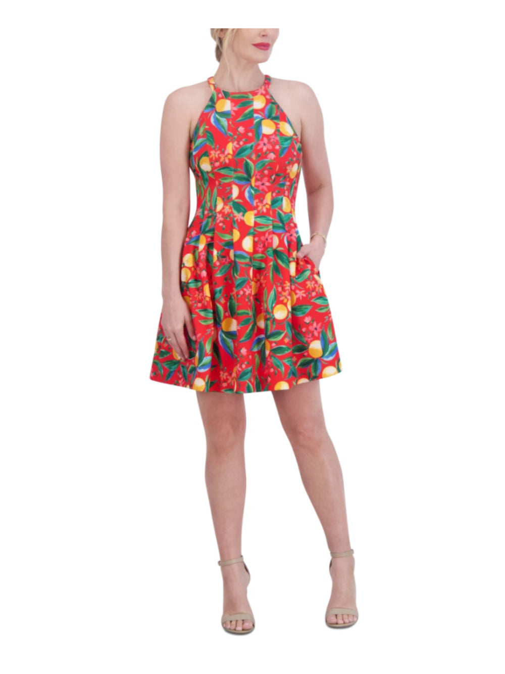 Vince Camuto Size 4 Citrus Print Red Scuba Crepe Halter Sleeveless Dress NWT