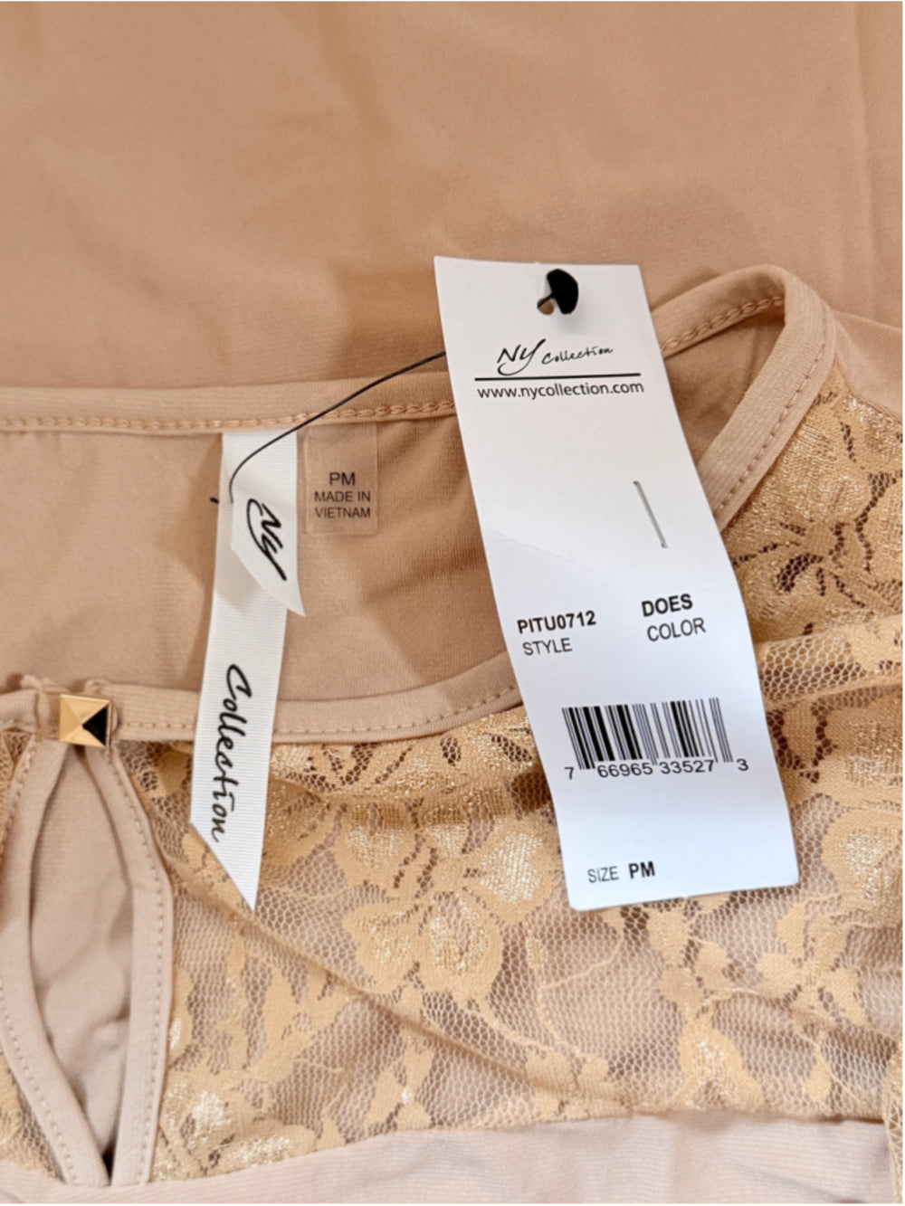 NY Collection Women's Medium Petite Beige Puff Lace Sleeve Top NWT