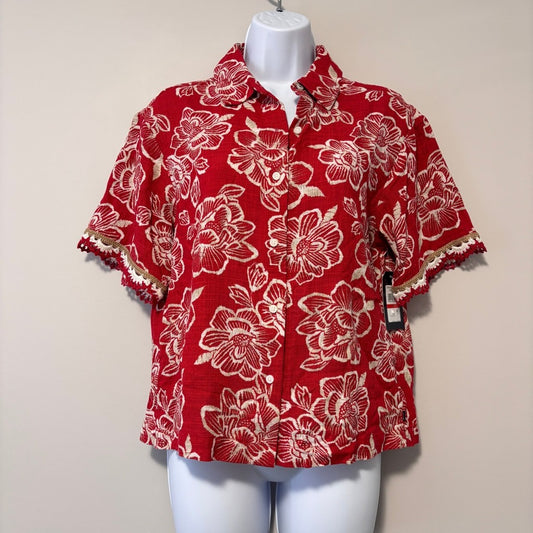 Nautica Jeans Women's XS Red Floral Print Crochet Trim Short Sleeve Shirt NWT