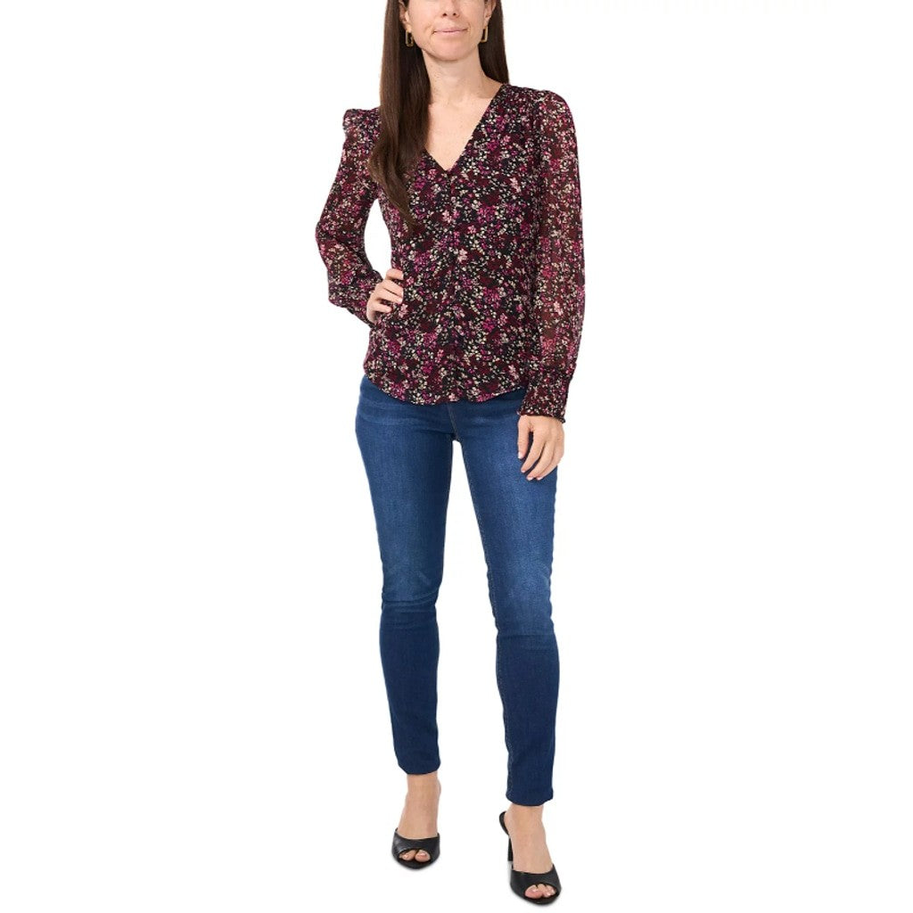 Sam & Jess Women's Medium Petite Black w/ Pink Floral Print V-Neck Top NWT