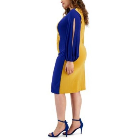 KASPER Plus Size Quinn Blue and Gold Colorblocked Split-Sleeve Dress NWT