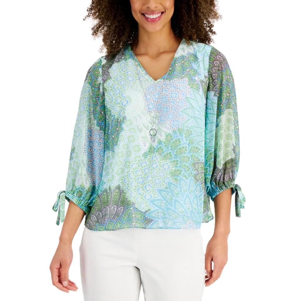 JM Collection Women's XXL Blue & Green Paisley Printed Necklace Top NWT