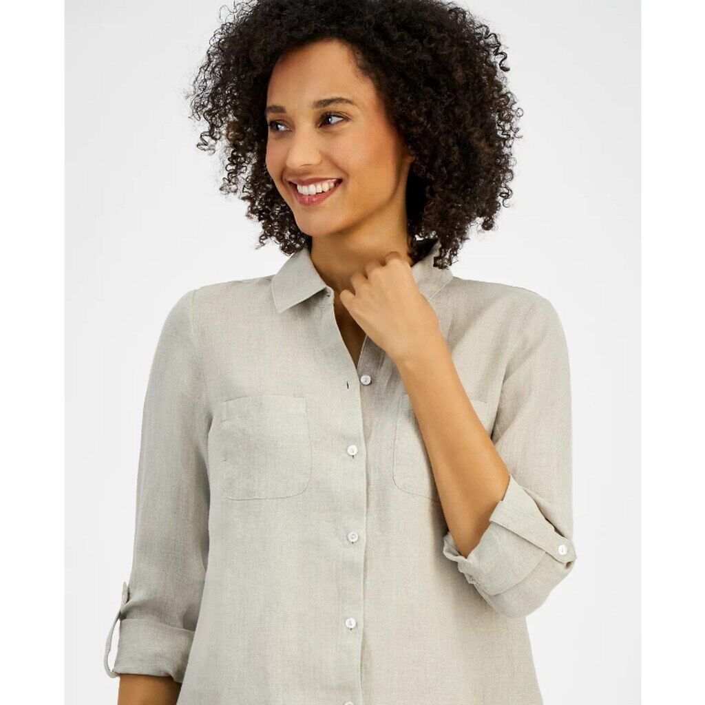 Charter Club Women's XL Light Brown 100% Linen Utility Button-Down Shirt NWT