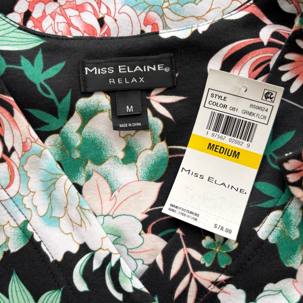 Miss Elaine Women's Black Floral Short-Sleeve Floral Snap Robe NWT