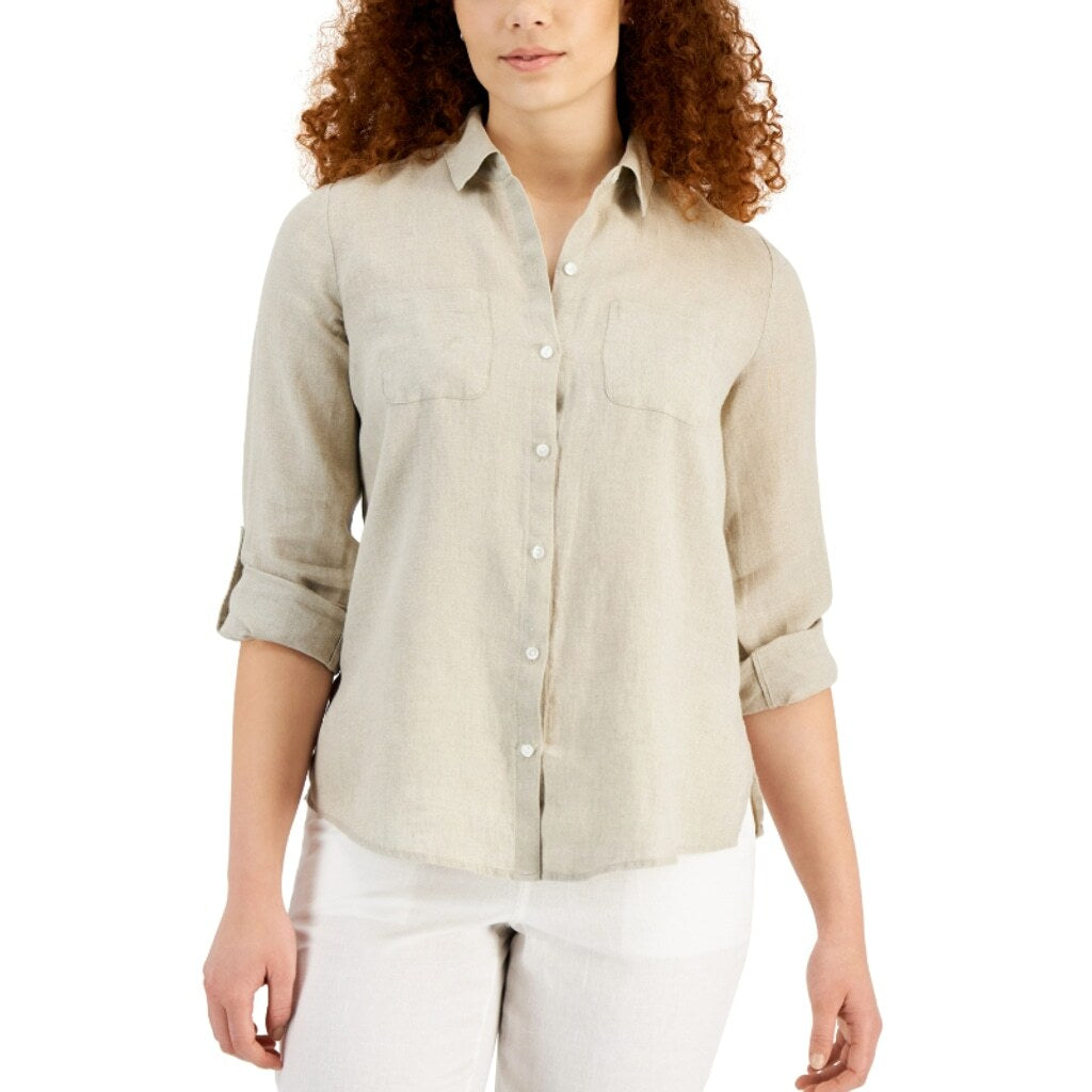 Charter Club Women's XL Light Brown 100% Linen Utility Button-Down Shirt NWT