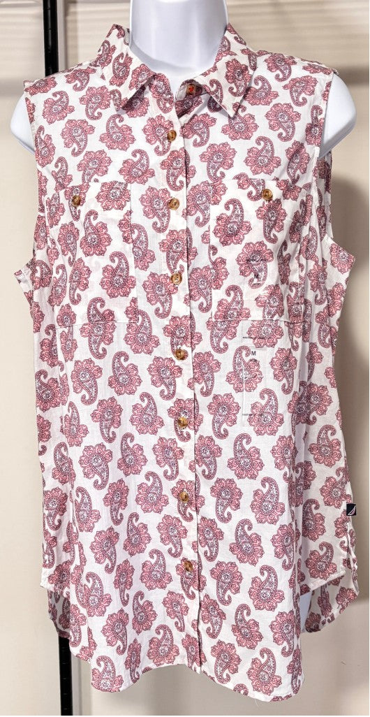 Nautica Jeans Size M Sleeveless Button Down Paisley Shirt White & Pink NWT