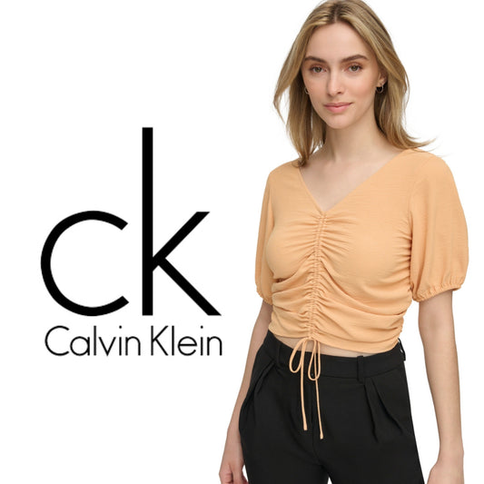 CALVIN KLEIN Women's XL Drawstring-Ruched Light Orange Puffed-Sleeve Top NWT