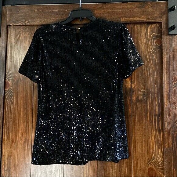 DKNY Women's Size Medium Black Sequined Short-Sleeve Crewneck Blouse NWT