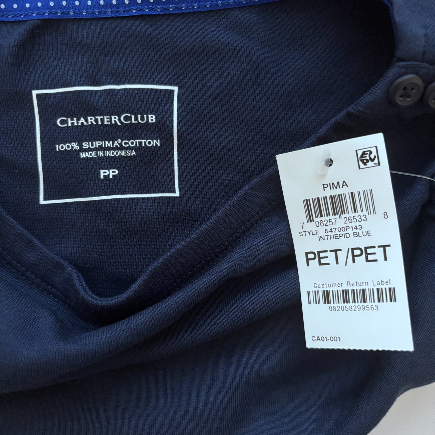 Charter Club Petite Navy Blue Pima Cotton Button-Shoulder 3/4 Sleeve Top NWT