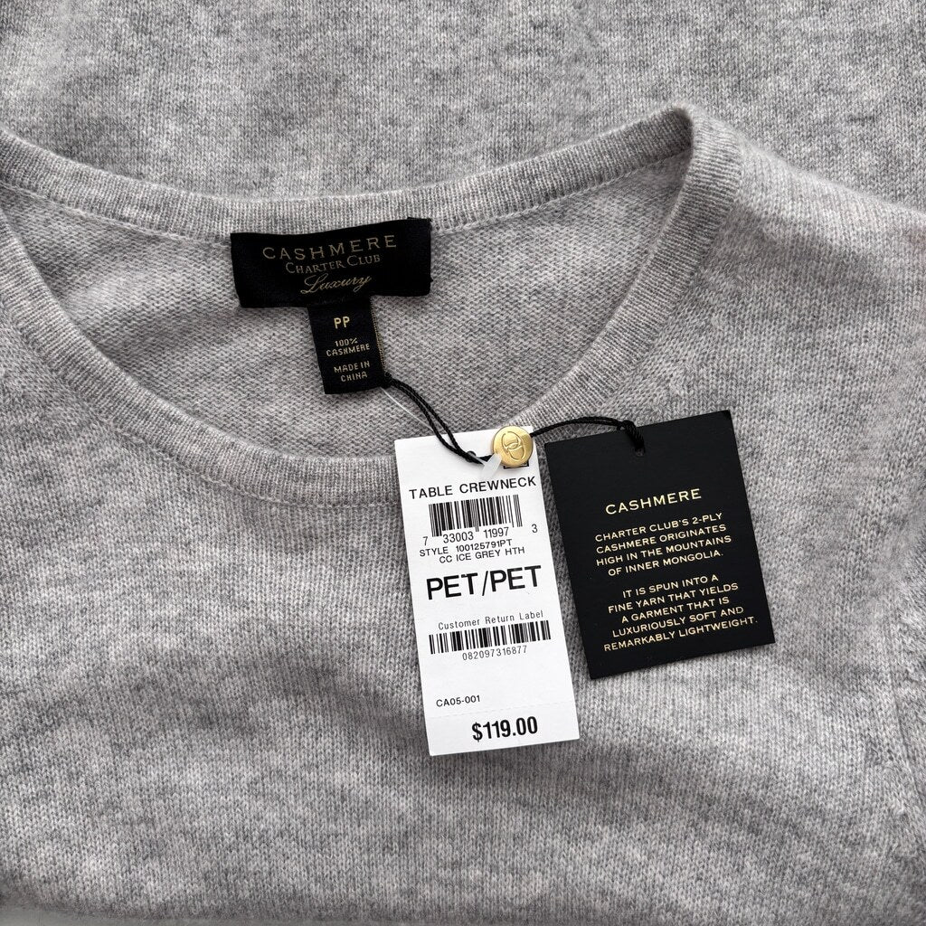 Charter Club Women's Small Petite 100% Cashmere Gray Crewneck Sweater NWT