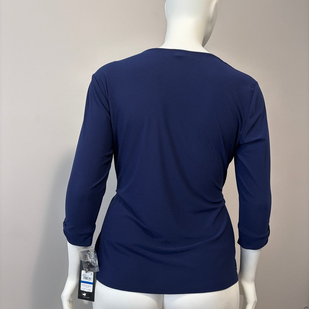 Jones New York Women's Extra Large Petite Navy Blue D-Ring 3/4-Sleeve Top NWT
