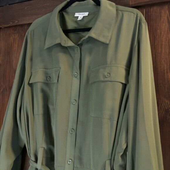 On 34th Plus Size Green Long-Sleeve Belted Shirtdress NWT