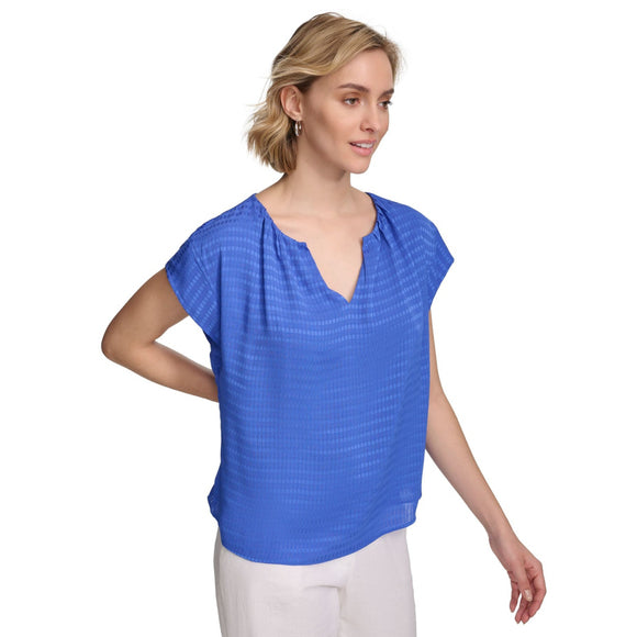 Calvin Klein Women's Medium Cobalt Blue Short Sleeve Textured Blouse NWT