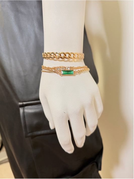 Gold Tone Bohemia Layered Bracelet Set Green & White Zirconia Crystal NWT