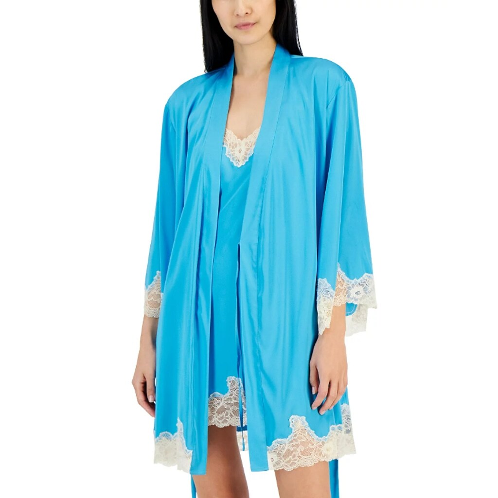 INC International Concepts Women's Blue w/ Lace-Trim Stretch Satin Robe NWT