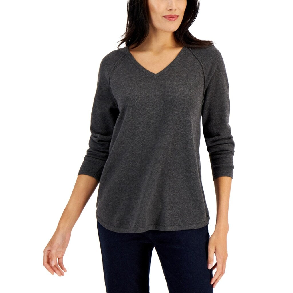 Karen Scott Women's Large 100% Cotton Grey V-Neck Curved-Hem Sweater NWT