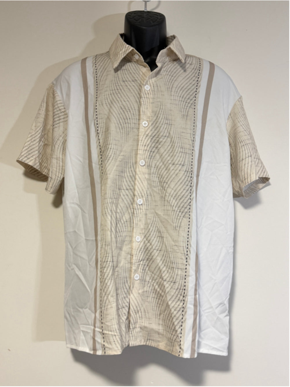 Shein Men's Medium Beige & White Patterned Button Down Short Sleeve Shirt NWT