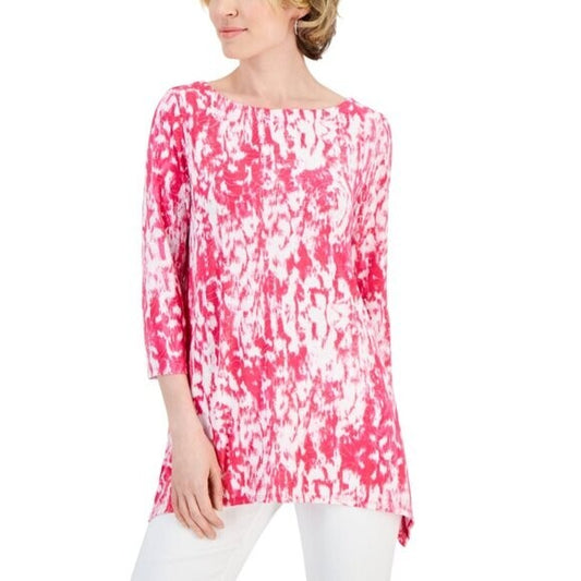 JM Collection Women's XL White & Pink Ikat Floral Jacquard 3/4-Sleeve Top NWT.