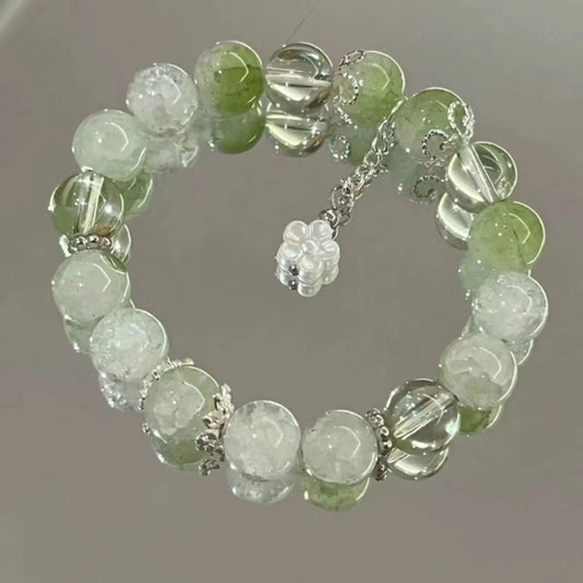 Green Crackle Glass Beaded Stretch Bracelet with Flower Charm NWT