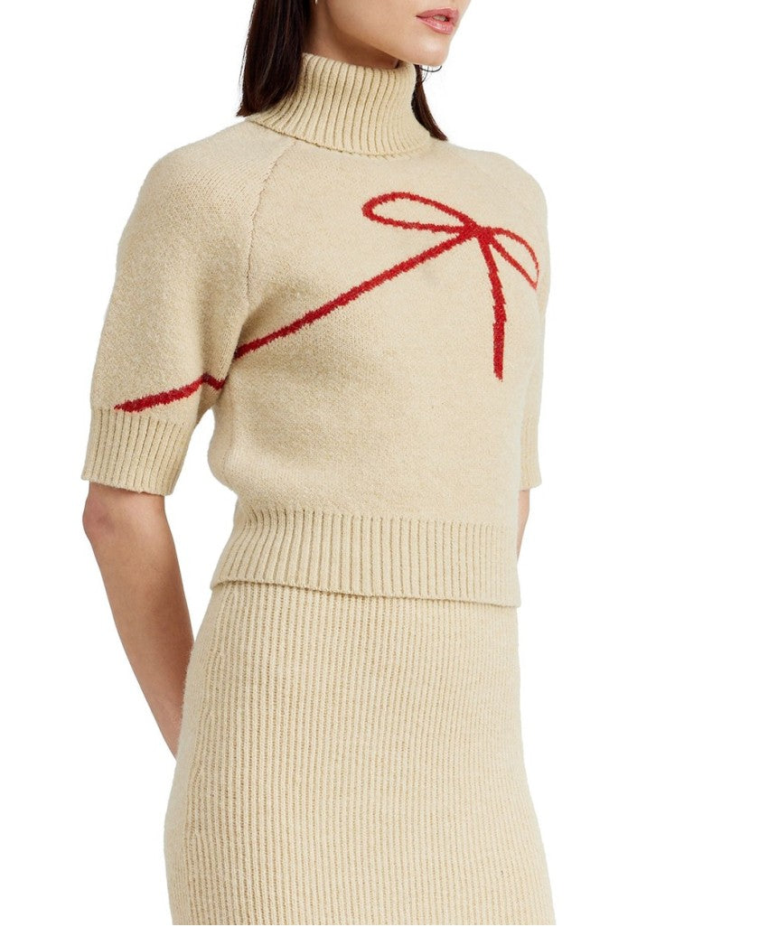 En Saison Women's Large Beige Turtleneck Sweater with Red Bow, Short NWT