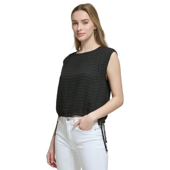 CALVIN KLEIN Women's Black Side-Tie Pintuck Round-Neck Top NWT