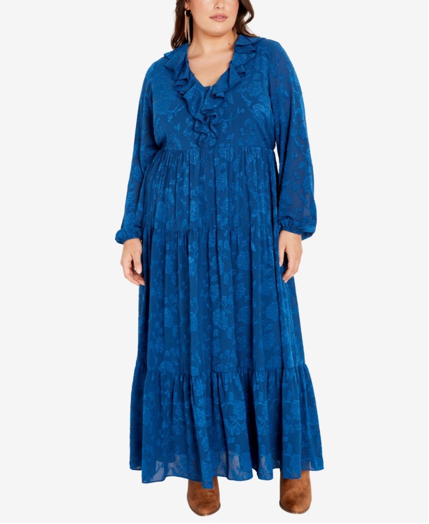 AVENUE Women's Plus Size 18 Royal Navy Blue Ruffle Maxi Dress NWT
