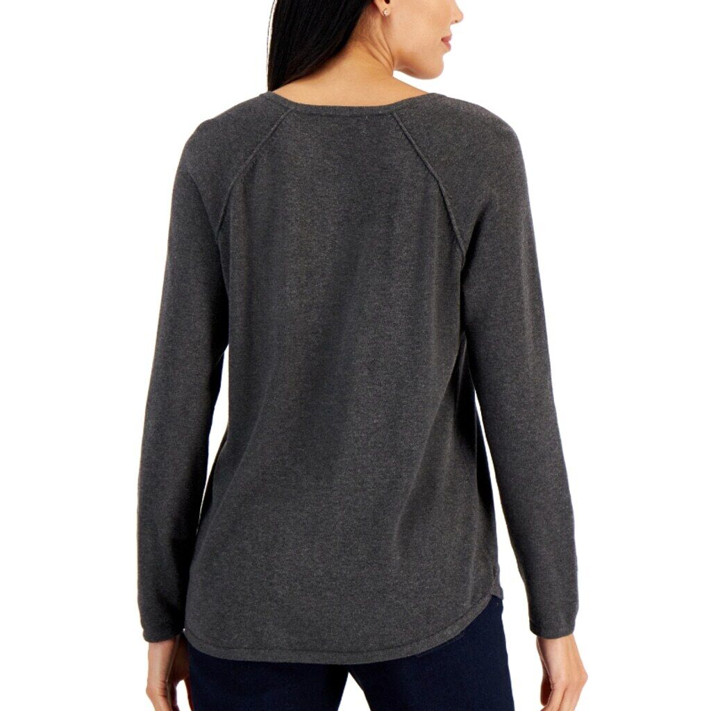 Karen Scott Women's Large 100% Cotton Grey V-Neck Curved-Hem Sweater NWT