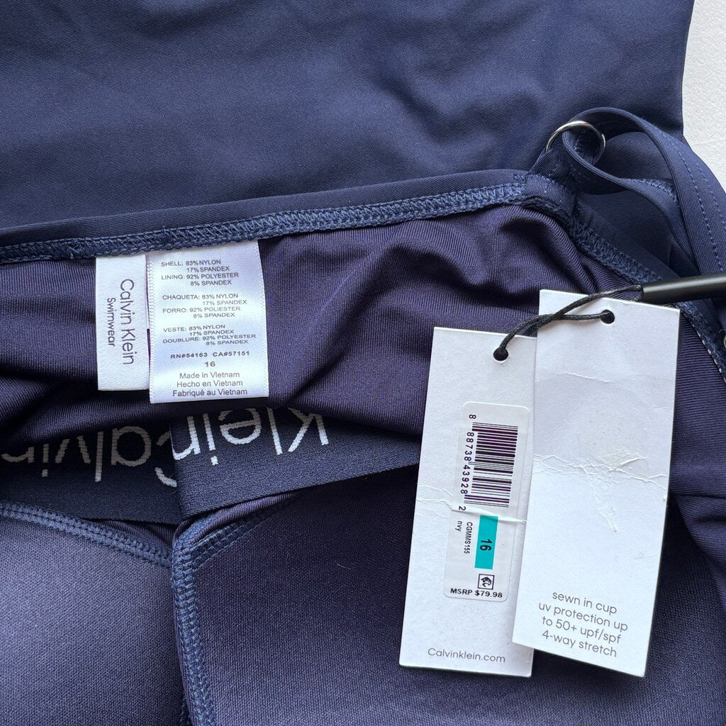 Calvin Klein Women's Size 16 Navy Pleated One-Piece Designer Swimsuit NWT