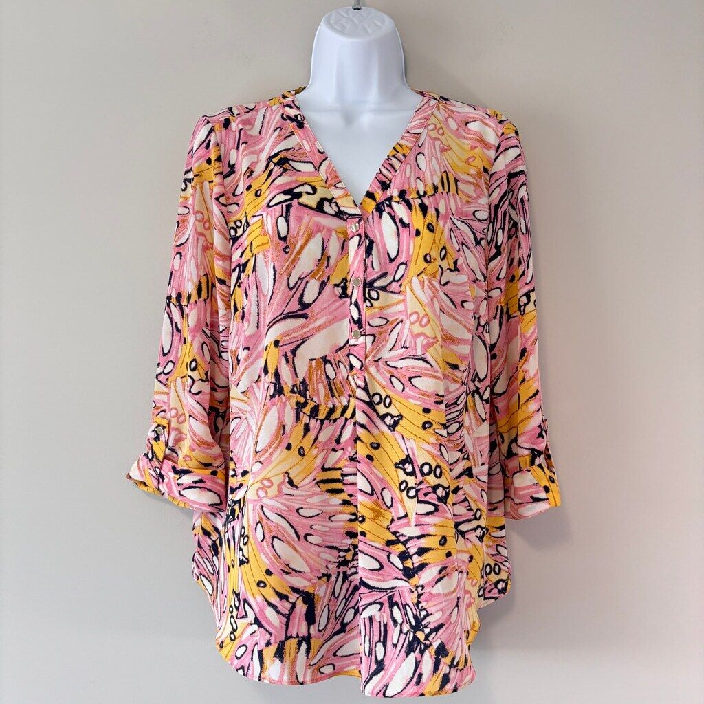 JM Collection Women's Large Petite Pink Butterfly Field Printed Utility Top NWT