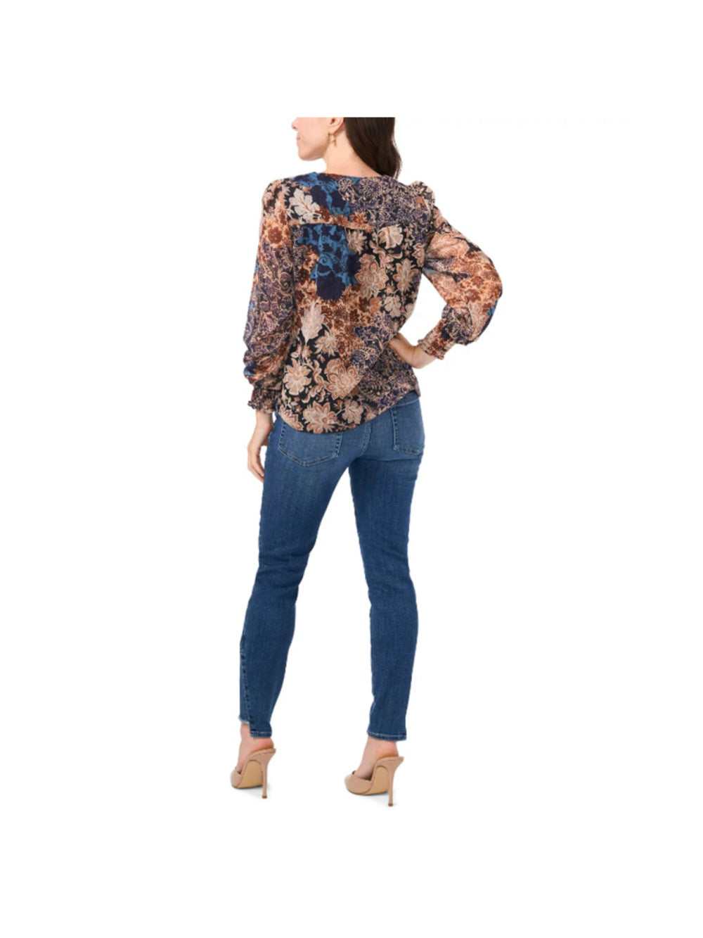 Sam & Jess Women's Medium Petite V-Neck Smocked-Trim Long-Sleeve Top NWT