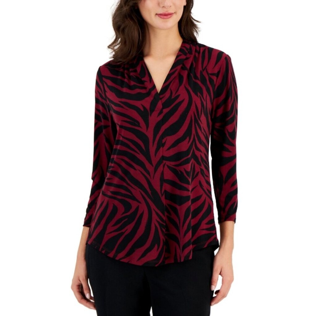 JM Collection Petite Small Red and Black Zarina Zebra-Print V-Neck Top NWT.