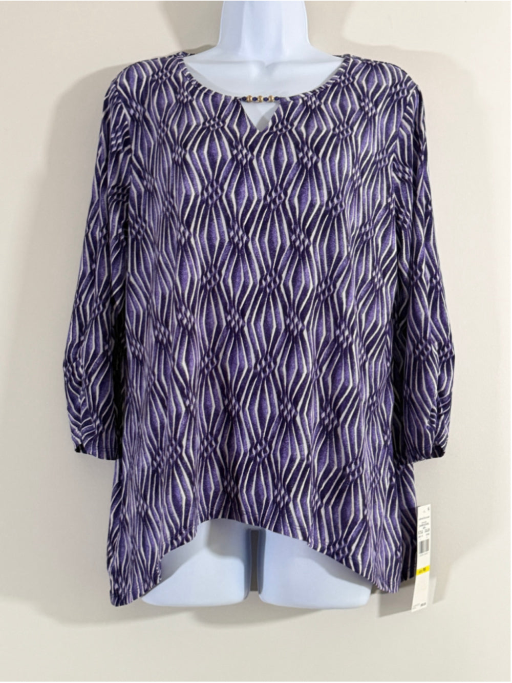 Alfred Dunner Medium Petite Purple & White Diamond Print Top / Blouse NWT