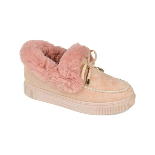Journee Collection Women's 8 Pink Khaki Faux Fur Moccasins Slippers NIB