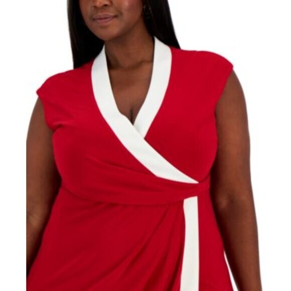 KASPER Plus Size Red and White Colorblocked Faux-Wrap Cap-Sleeve Dress NWT