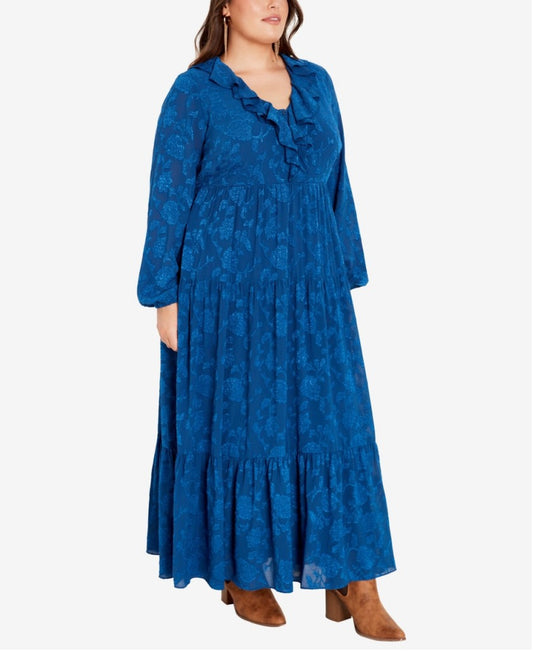 AVENUE Women's Plus Size 18 Royal Navy Blue Ruffle Maxi Dress NWT
