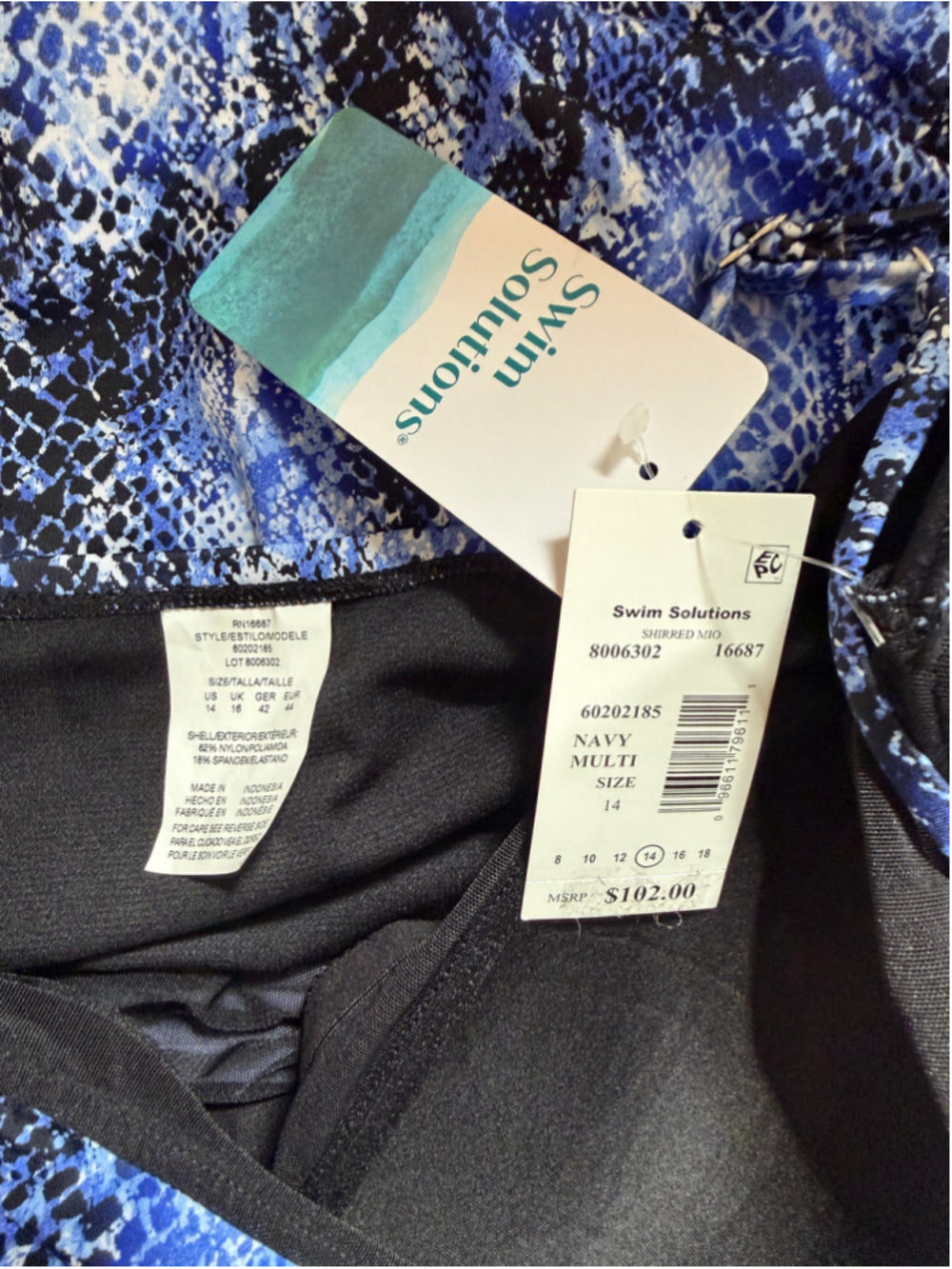 Swim Solutions Size 14 Blue Shirred Snakeskin-Print One-Piece Swimsuit NWT