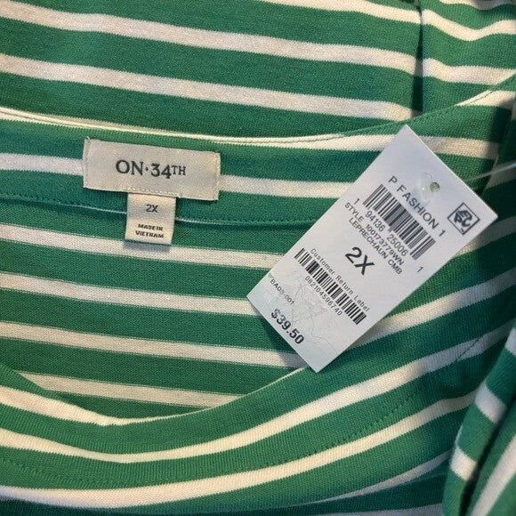 On 34th Plus Size Heavyweight Cotton Striped Boat-Neck 3/4 Sleeve Top NWT