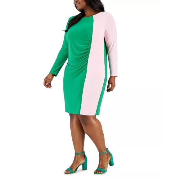 KASPER Plus Size Long-Sleeve Ruched Green & Pink Colorblocked Sheath Dress NWT