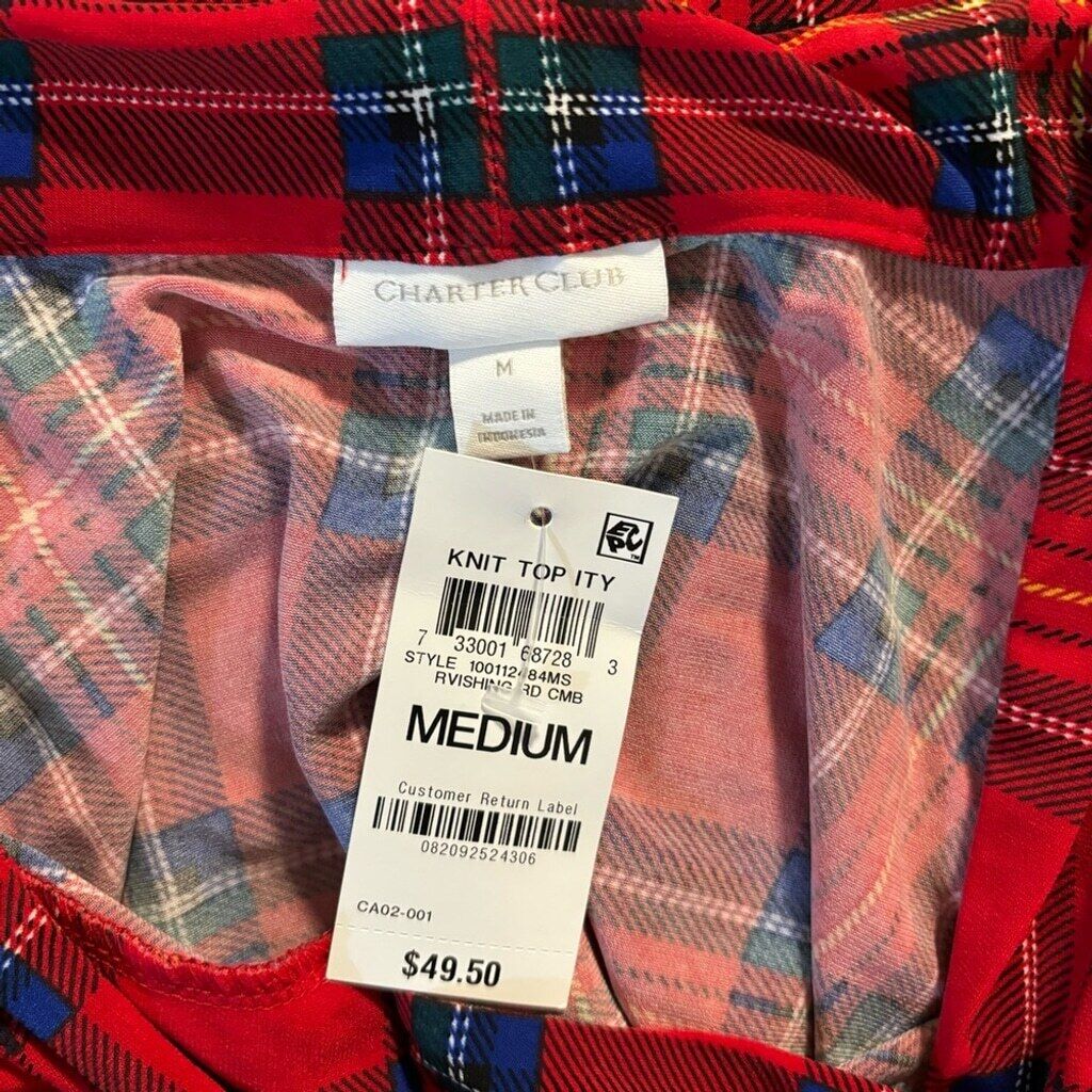 Charter Club Women's Red Traditional Plaid Pleated V-Neck Top NWT