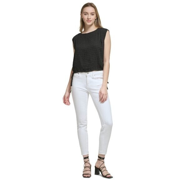 CALVIN KLEIN Women's Black Side-Tie Pintuck Round-Neck Top NWT