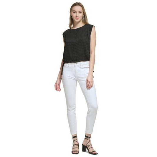 CALVIN KLEIN Women's Black Side-Tie Pintuck Round-Neck Top NWT