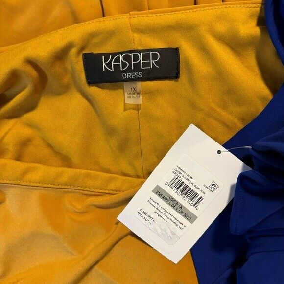 KASPER Plus Size Quinn Blue and Gold Colorblocked Split-Sleeve Dress NWT